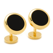 Load image into Gallery viewer, Double Sided Gold Onyx Round Beveled Cufflinks