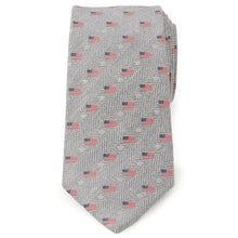 Load image into Gallery viewer, Light Gray Herringbone American Flag Men's Tie