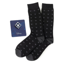 Load image into Gallery viewer, Disney Mickey Mouse Silhouette Motif Black Sock and Mickey Blue Lapel Pin Gift Set