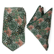Load image into Gallery viewer, Green Floral Tie and Pocket Square Gift Set