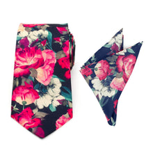 Load image into Gallery viewer, Painted Floral Navy Necktie and Pocket Square Gift Set