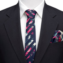 Load image into Gallery viewer, Painted Floral Navy Stripe Silk Men's Tie