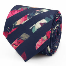 Load image into Gallery viewer, Painted Floral Navy Stripe Silk Men's Tie