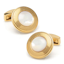 Load image into Gallery viewer, Mother of Pearl Round Gold Stainless Steel Cufflinks