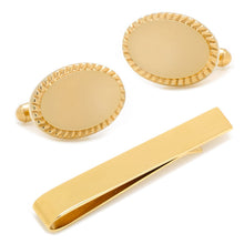 Load image into Gallery viewer, 14K Gold Plated Rope Border Oval Cufflinks and Tie Bar Gift Set