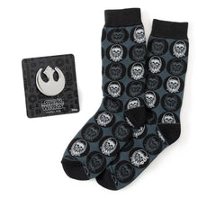 Load image into Gallery viewer, Star Wars Chewbacca Black Dress Socks and Rebel Alliance Starbird Crest Lapel Pin Gift Set