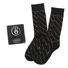 Load image into Gallery viewer, Star Wars Green LIGHTSABER Dress Socks with Jedi Crest Lapel Pin Gift Set
