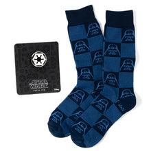 Load image into Gallery viewer, Star Wars Darth Vader Navy and Black Checkered Socks with Imperial Crest Lapel Pin Gift Set