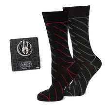 Load image into Gallery viewer, Star Wars Green and Red LIGHTSABER Pattern Black Dress Socks with Jedi Crest Lapel Pin Gift Set