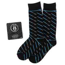Load image into Gallery viewer, Star Wars Obi-Wan Kenobi Blue LIGHTSABER Pattern Black Dress Socks with Jedi Crest Lapel Pin Gift Set