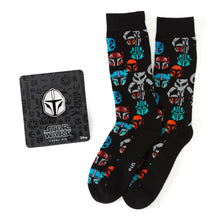 Load image into Gallery viewer, Star Wars Mandalorian and Mythosaur Multicolored Navy Dress Socks and Lapel Pin Gift Set