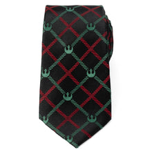 Load image into Gallery viewer, Star Wars Rebel Alliance Crest Red, Green, and Black Plaid Tie