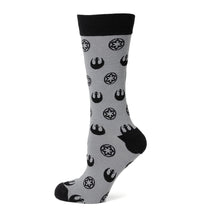 Load image into Gallery viewer, Star Wars Rebel Alliance Starbird Crest and Imperial Crest Gray Dress Socks and Lapel Pin Gift Set