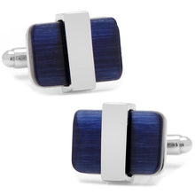 Load image into Gallery viewer, Silver Wrapped Navy Blue Catseye Cufflinks
