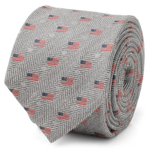 Load image into Gallery viewer, Light Gray Herringbone American Flag Men's Tie
