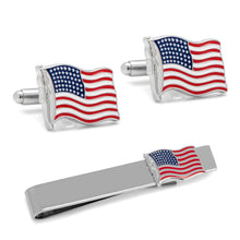 Load image into Gallery viewer, American Waving Flag Cufflinks and Tie Bar Gift Set

