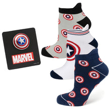 Load image into Gallery viewer, Marvel Captain America Ankle Socks 3-Pack and Lapel Pin Gift Set
