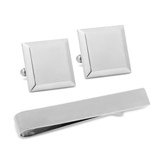 Load image into Gallery viewer, Stainless Steel Beveled Square Engravable Cufflinks and Tie Bar Gift Set
