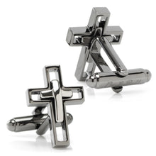 Load image into Gallery viewer, Gun Metal Cut Out Cross Cufflinks

