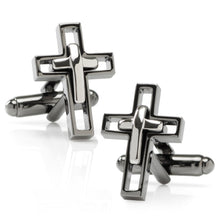 Load image into Gallery viewer, Gun Metal Cut Out Cross Cufflinks
