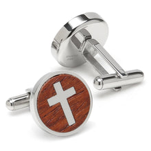 Load image into Gallery viewer, Cross Round Wood Stainless Steel Cufflinks
