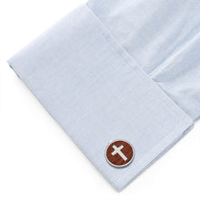 Load image into Gallery viewer, Cross Round Wood Stainless Steel Cufflinks

