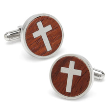 Load image into Gallery viewer, Cross Round Wood Stainless Steel Cufflinks
