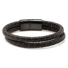Load image into Gallery viewer, Black and Brown Braided Leather Bracelet with Gunmetal Stainless Steel Magnetic Clasp
