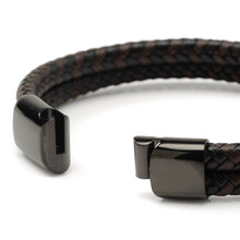 Load image into Gallery viewer, Black and Brown Braided Leather Bracelet with Gunmetal Stainless Steel Magnetic Clasp
