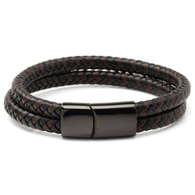 Load image into Gallery viewer, Black and Brown Braided Leather Bracelet with Gunmetal Stainless Steel Magnetic Clasp
