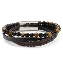 Load image into Gallery viewer, Stainless Steel Stacked Brown Leather Bracelet with Tigers Eye
