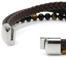 Load image into Gallery viewer, Stainless Steel Stacked Brown Leather Bracelet with Tigers Eye
