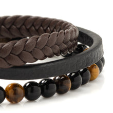 Load image into Gallery viewer, Stainless Steel Stacked Brown Leather Bracelet with Tigers Eye
