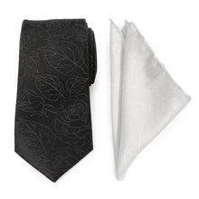 Load image into Gallery viewer, Black Floral Tie and Pocket Square Gift Set
