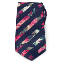 Load image into Gallery viewer, Painted Floral Navy Stripe Silk Men's Tie
