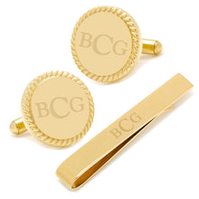 Load image into Gallery viewer, Engravable Gold Plated Rope Border Round Cufflinks and Tie Bar Gift Set
