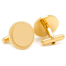 Load image into Gallery viewer, Engravable Gold Plated Rope Border Round Cufflinks and Tie Bar Gift Set
