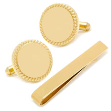 Load image into Gallery viewer, Engravable Gold Plated Rope Border Round Cufflinks and Tie Bar Gift Set
