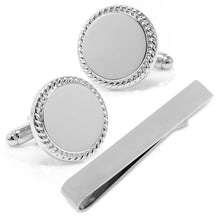 Load image into Gallery viewer, Engravable Rope Border Round Cufflinks and Tie Bar Gift Set
