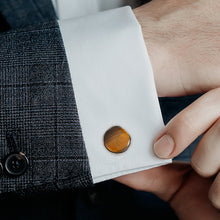 Load image into Gallery viewer, Sterling Silver Formal Tigers Eye Gunmetal Cufflinks
