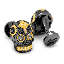Load image into Gallery viewer, Sterling Silver Black and 18K Gold Vermeil Day of the Dead Skull Cufflinks
