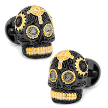 Load image into Gallery viewer, Sterling Silver Black and 18K Gold Vermeil Day of the Dead Skull Cufflinks
