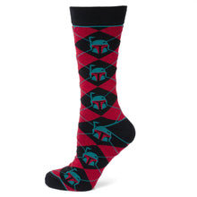 Load image into Gallery viewer, Star Wars Boba Fett Maroon and Black Argyle Socks and Crest Lapel Pin Gift Set
