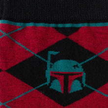 Load image into Gallery viewer, Star Wars Boba Fett Maroon and Black Argyle Socks and Crest Lapel Pin Gift Set
