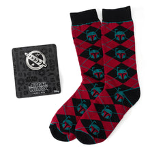Load image into Gallery viewer, Star Wars Boba Fett Maroon and Black Argyle Socks and Crest Lapel Pin Gift Set
