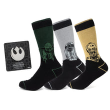 Load image into Gallery viewer, Star Wars Yoda, R2-D2, and C-3PO Dress Socks 3-Pack with Rebel Crest Lapel Pin Gift Set
