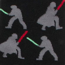 Load image into Gallery viewer, Star Wars Darth Vader and Luke Skywalker LIGHTSABER Battle Black Dress Socks and Darth Vader Lapel Pin Gift Set
