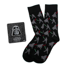 Load image into Gallery viewer, Star Wars Darth Vader and Luke Skywalker LIGHTSABER Battle Black Dress Socks and Darth Vader Lapel Pin Gift Set

