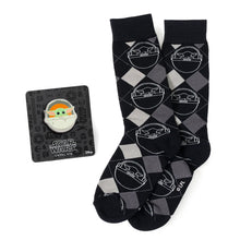 Load image into Gallery viewer, Star Wars Grogu Charcoal Gray Argyle Socks and Lapel Pin Gift Set
