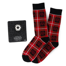 Load image into Gallery viewer, Star Wars Darth Vader Black and Red Plaid Dress Socks and Imperial Crest Lapel Pin Gift Set
